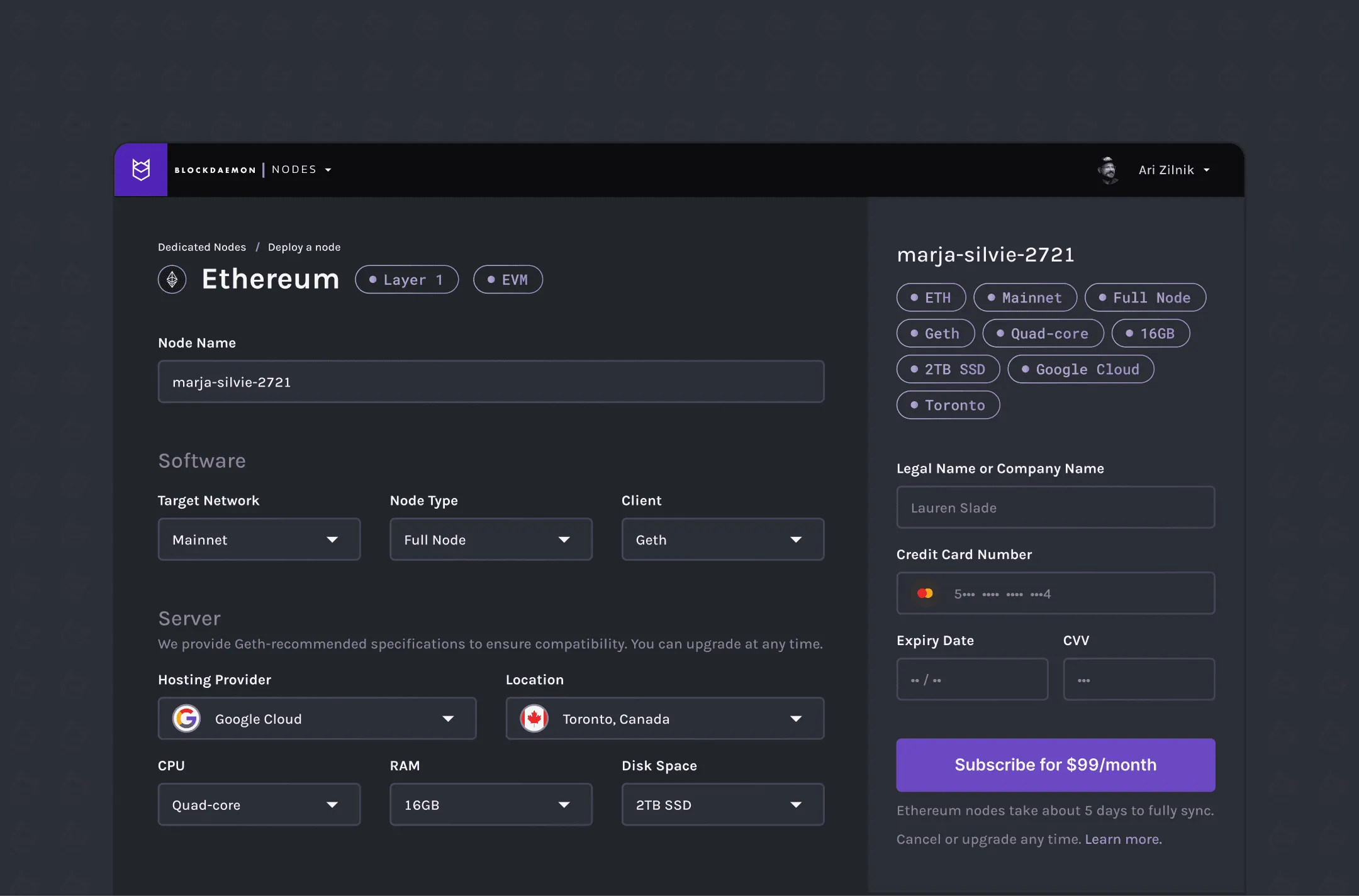 Blockdaemon Nodes checkout flow, a self-serve blockchain node deployment experience