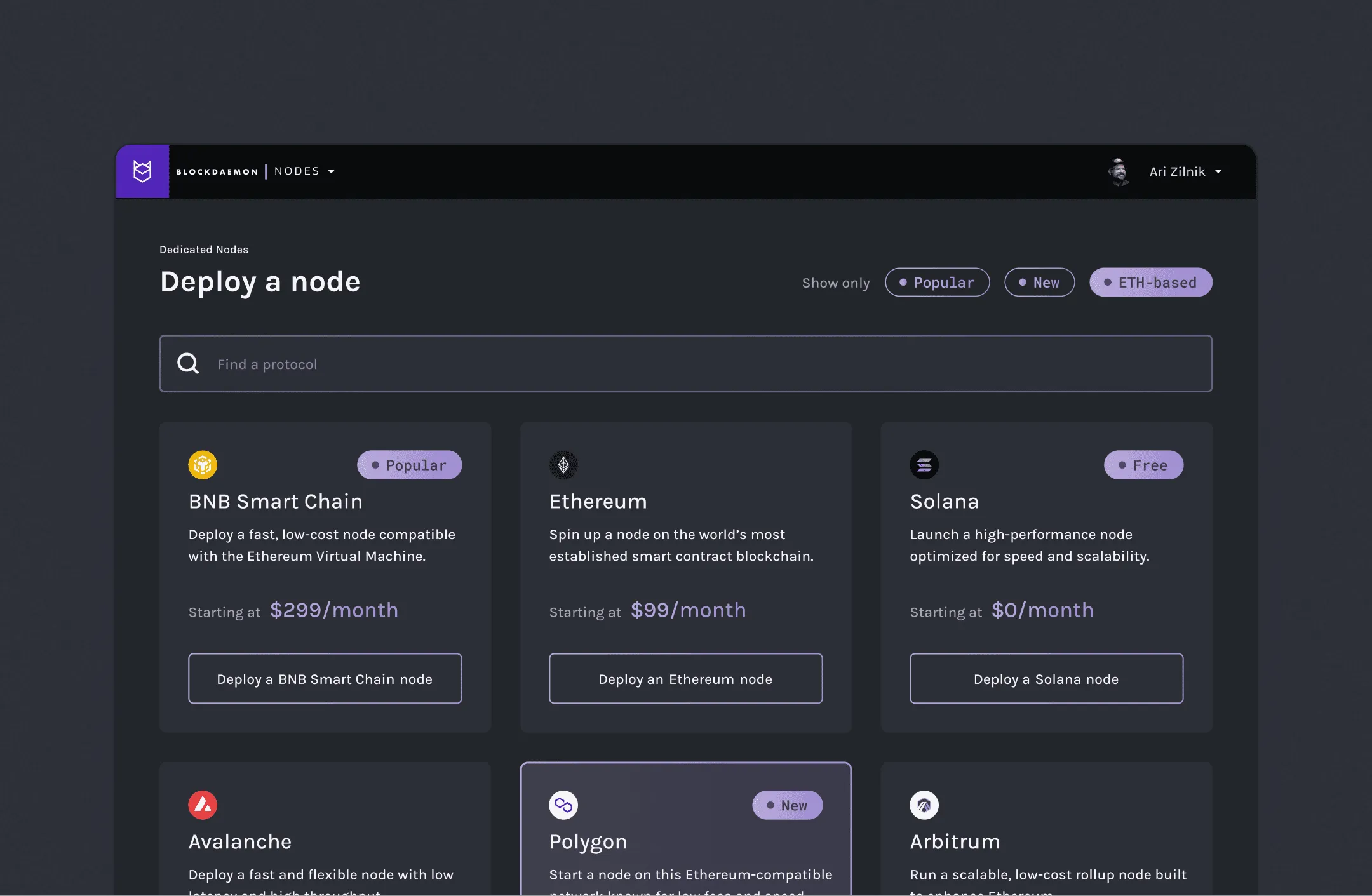 Chain selection and network tier view inside the Blockdaemon checkout