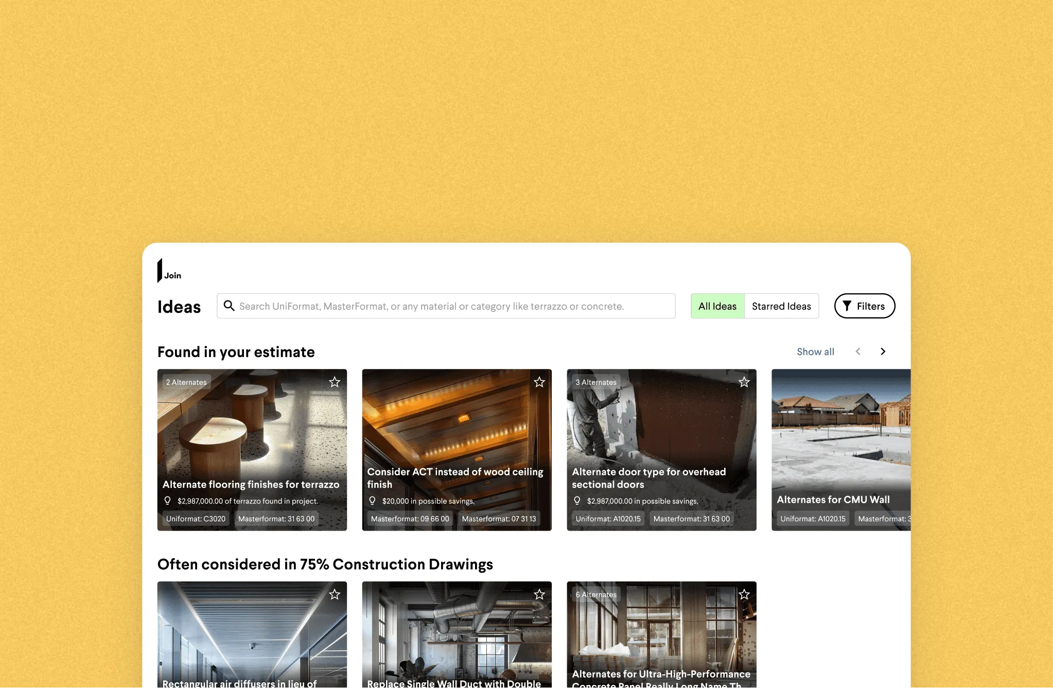 Join Ideas browsing page with two suggestion carousels: items found in the estimate and items commonly considered at this construction phase