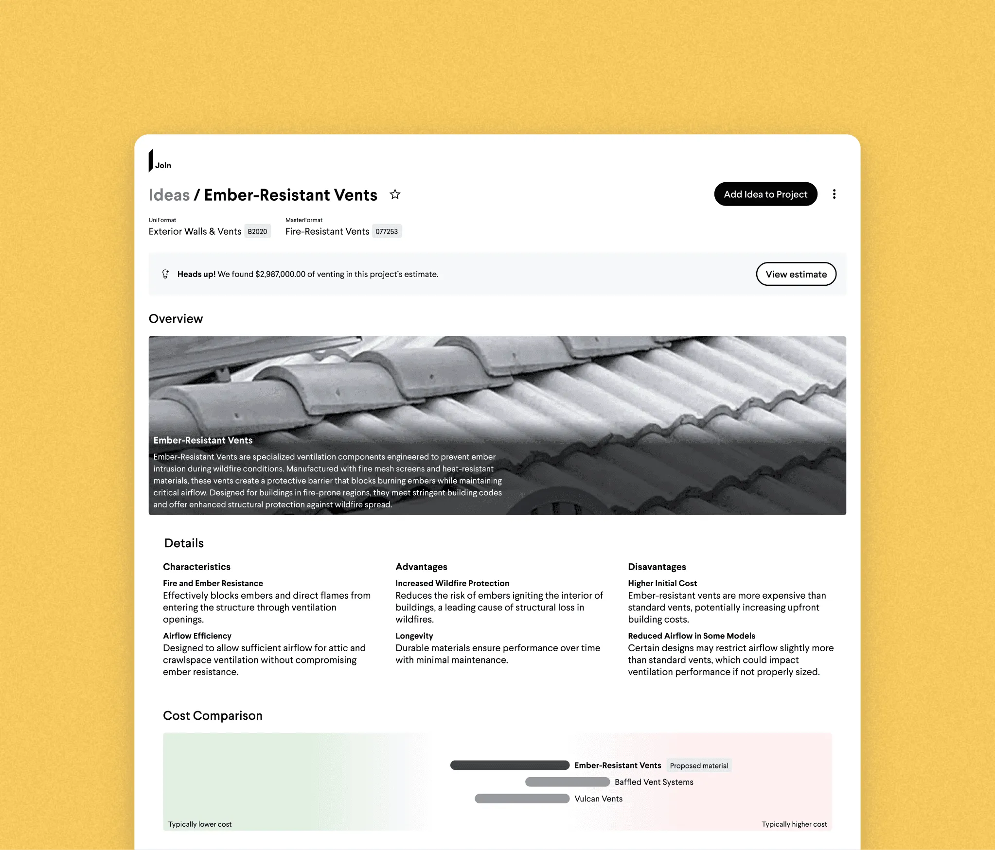 Detail view of a material suggestion with tradeoffs and a cost comparison chart