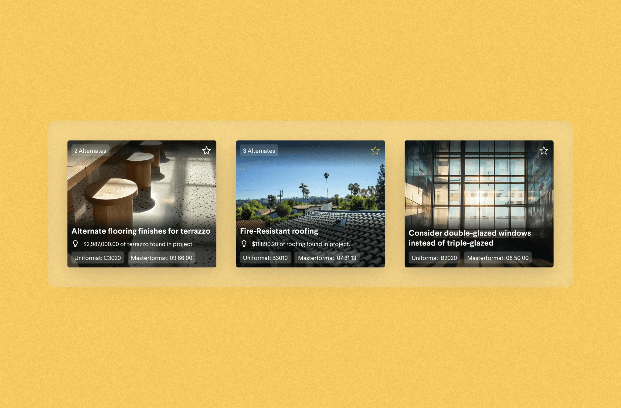 Three Join Ideas suggestion cards showing alternate materials with dollar amounts and construction classification codes