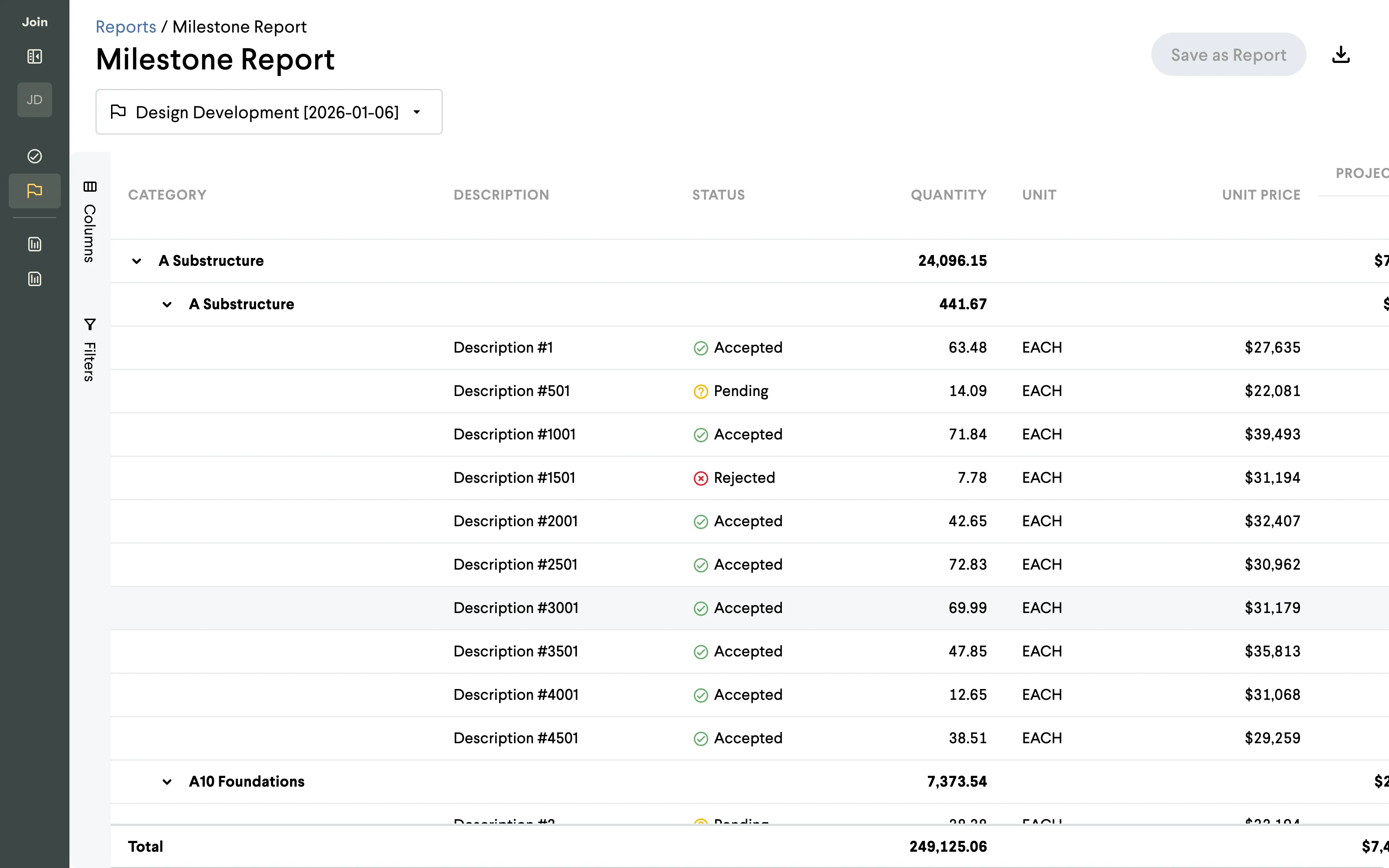 Milestone Report screen using the same grid pattern as Items — Category, Description, Status, Quantity, Unit columns, with rows grouped under A Substructure → A10 Foundations and a running Total at the bottom