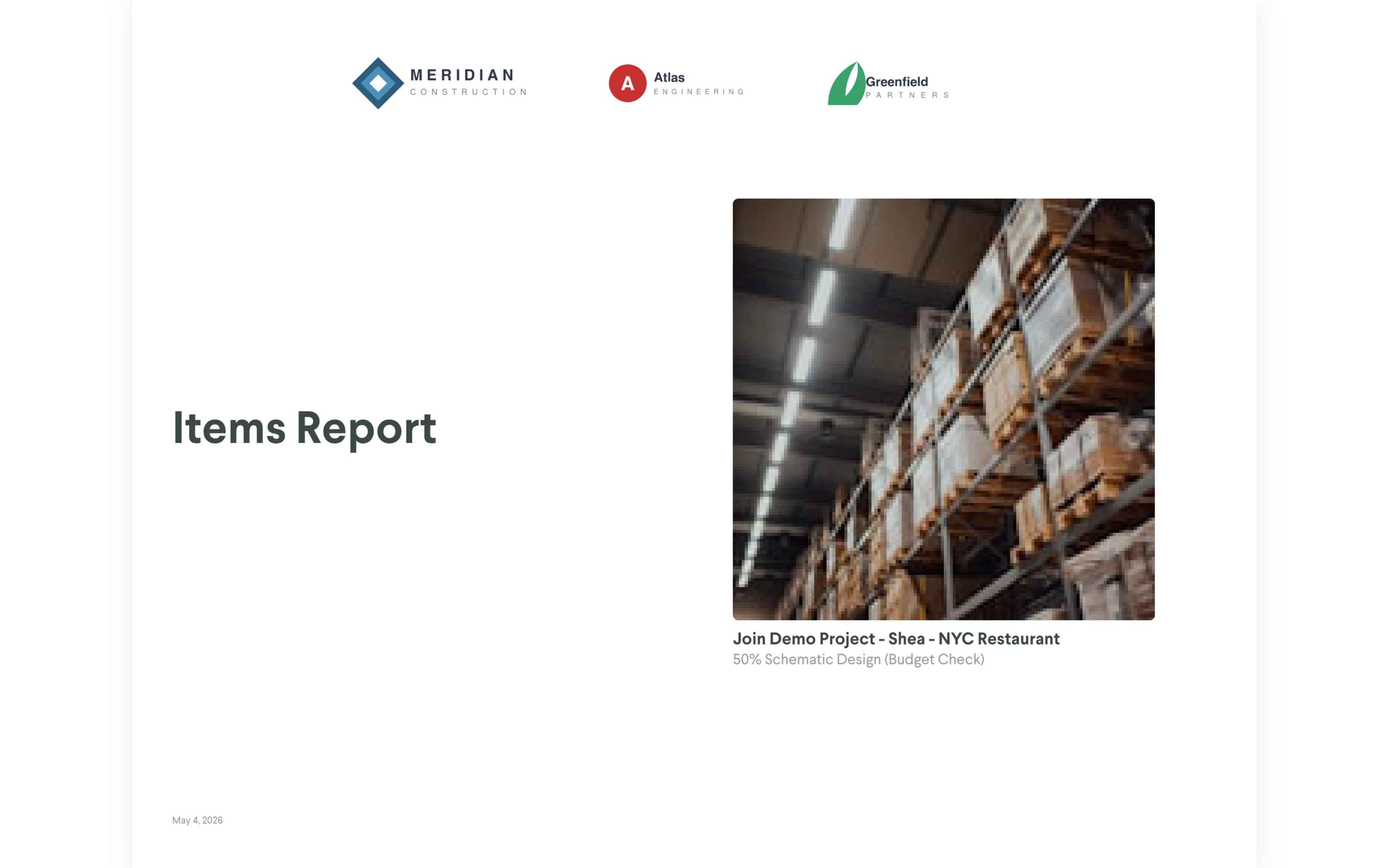 The PDF cover page showing the customer's three logos (Meridian Construction, Atlas Engineering, Greenfield Partners), the project hero photo, and 'Items Report' as the title — with Join's export dialog still visible on the right
