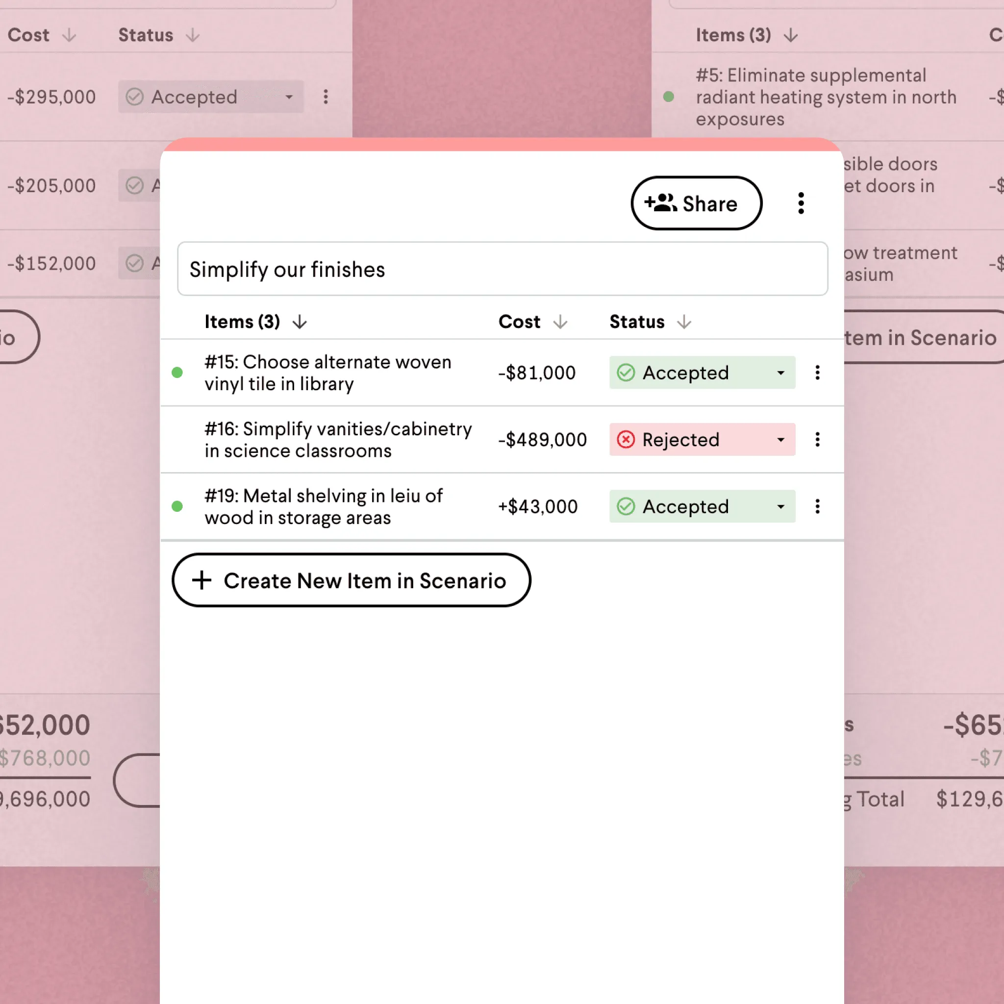 Join Scenarios comparing two construction project options side-by-side for owner sign-off
