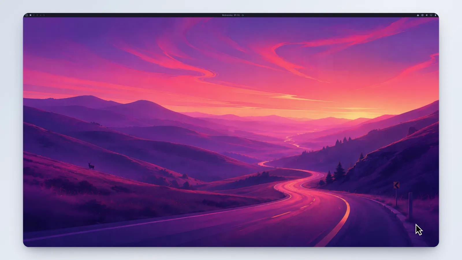 The Omarchy Hyprland desktop running inside a Parallels window on a Mac, a purple sunset landscape filling the screen