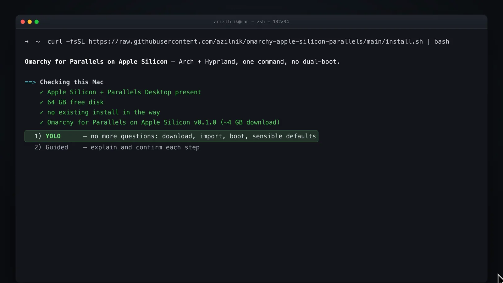 The installer listing its preflight checks in green, then two numbered options: YOLO, no more questions with sensible defaults, or Guided, explain and confirm each step