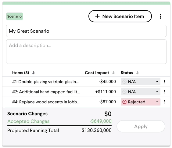 Interactive prototype of Scenarios comparing two bundled options with live trade-off calculations