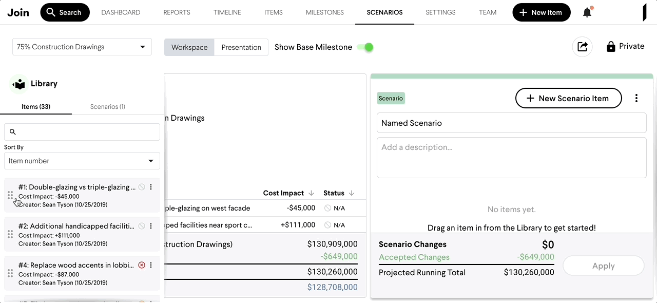 Pricing flow inside Scenarios showing cost propagation across linked line items